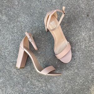 Y2K style Brash faux neutral leather nude chunky platform ankle strap heels